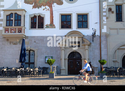 Cycliste passant Ratskeller en hôtel de ville (Rathaus), Würzburg, Bavière, Allemagne Banque D'Images