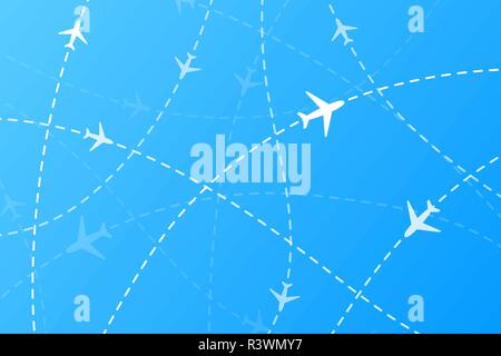 Beaucoup de plans sur les traces en pointillé blanc sur fond bleu Illustration de Vecteur