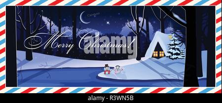 Joyeux Noël carte postale de nuit paysage neige hiver scène avec petite maison en forêt et les bonshommes de neige mignon sous le clair de lune. Illustration vectorielle, Illustration de Vecteur