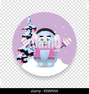 Noël, jour de l'année icône signe avec mignon personnage fille bonhomme et sapin isolé sur fond transparent. Illustration vectorielle, ico Illustration de Vecteur