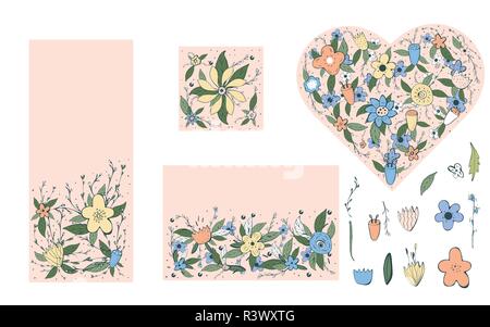 Fleurs sauvages et des modèles d'ensemble laisse et éléments. Milieux et de symboles dans doodle style pour les médias sociaux. Illustration vectorielle. Illustration de Vecteur