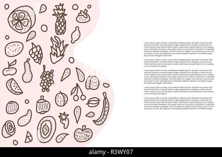 Bannières vecteur Fruit modèle dans doodle style. Ensemble de saveurs de pomme, poire, orange, mangue, citron et cartes etc. la composition avec l'espace vide pour le texte. Illustration de Vecteur