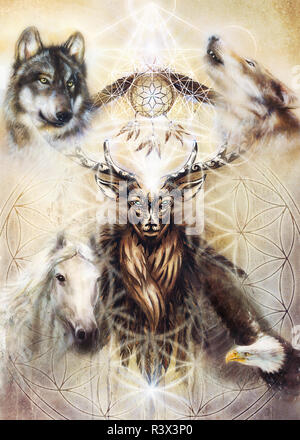 Ornement sacré deer spirit avec Dream Catcher plumes et symbole et merkaba et Fleur de vie. Banque D'Images