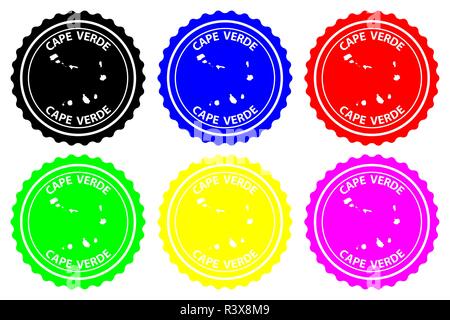 Cap-vert - timbres en caoutchouc - vecteur, République de Cabo Verde carte - sticker - noir, bleu, vert, jaune, violet et rouge Illustration de Vecteur