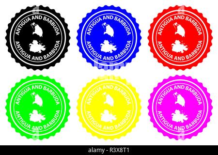 Antigua-et-Barbuda - timbres en caoutchouc - vector, Antigua-et-Barbuda island carte - sticker - noir, bleu, vert, jaune, violet et rouge Illustration de Vecteur