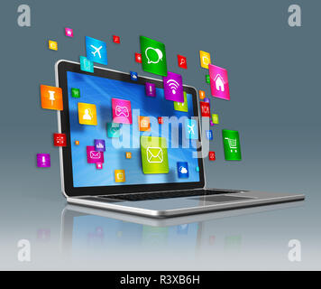 Ordinateur portable et battant les icônes des apps sur fond gris Banque D'Images