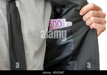 Businessman showing l'argent dans une poche intérieure de son costume. Concept de l'homme d'affaires corrompu. Banque D'Images