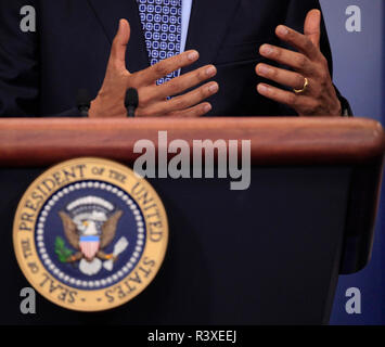 Le président Barack Obama tient sa dernière conférence de presse à la Maison Blanche salle des conférences de presse le 18 janvier, 2017 Banque D'Images