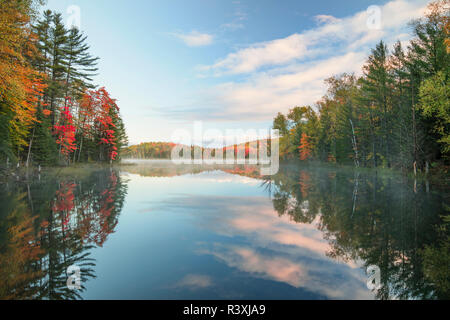 Couleurs d'automne et de la brume sur le lac Conseil reflétant au lever du soleil, Hiawatha National Forest, la péninsule du Michigan. Banque D'Images