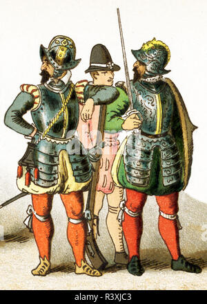 Les chiffres représentés ici sont tous les français entre 1550 et 1600. Ils sont de gauche à droite : un mousquetaire, un soldat, un officier. Cette illustration dates pour 1882. Banque D'Images