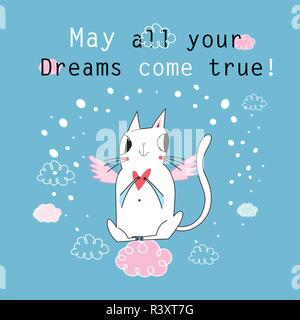 Salutation de félicitations avec un chat dans l'amour sur un fond bleu avec des nuages et les flocons mfon Illustration de Vecteur