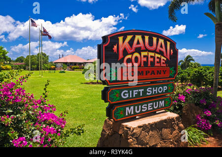 Signer et centre de visiteurs à la Kauai Coffee Company. Île de Kauai, Hawaii, USA Banque D'Images