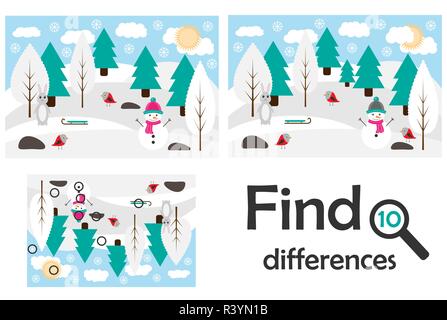 Trouvez les différences 10, jeu pour les enfants, hiver forêt enneigée en cartoon style game pour enfants, l'éducation préscolaire, de l'activité Feuille de tâche, pour la deve Illustration de Vecteur