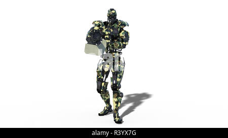 Robot de l'armée, les forces armées militaires soldat cyborg, android tir machine gun sur fond blanc, de face, 3D Rendering Banque D'Images