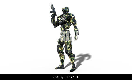 Robot de l'armée, les forces armées militaires soldat cyborg, android armés de fusil isolé sur fond blanc, 3D Rendering Banque D'Images