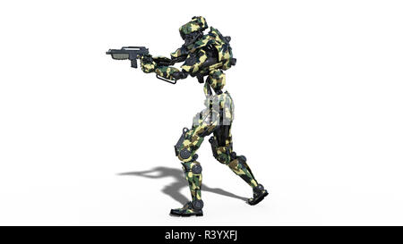 Robot de l'armée, les forces armées militaires soldat cyborg, android fusil de chasse isolé sur fond blanc, 3D Rendering Banque D'Images