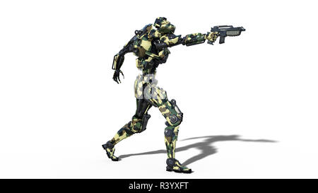 Robot de l'armée, les forces armées militaires soldat cyborg, android fusil de chasse sur fond blanc, 3D Rendering Banque D'Images