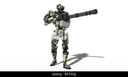 Robot de l'armée, les forces armées militaires soldat cyborg, android tir machine gun sur fond blanc, 3D Rendering Banque D'Images