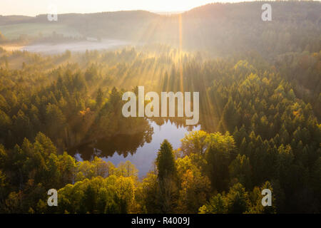 Du soleil sur la forêt, le lever du soleil, réserve naturelle, Klosterfilz Dietramszell, drone abattu, Tölzer Land, Haute-Bavière, Bavière Banque D'Images