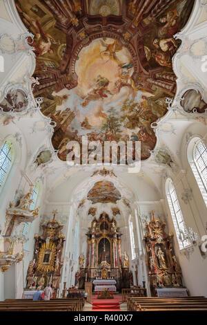 L'église paroissiale Saint Jean Baptiste, Monastère Wessobrunn, Haute-Bavière, Bavière, Allemagne Banque D'Images