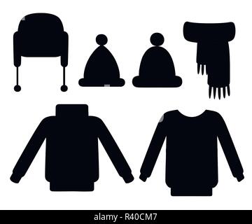 Silhouette noire. Collection de vêtements tricotés d'hiver. Pull, chapeaux, foulard. Vêtements faits à la main avec motif, le style d'hiver. Télévision vector illustration isola Illustration de Vecteur