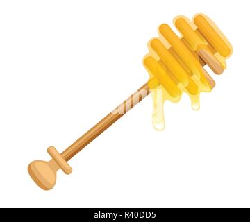 Balancier en bois miel. Stick miel miel et fluide. Ustensile de cuisine utilisé pour recueillir le miel. Télévision vector illustration isolé sur fond blanc. Illustration de Vecteur