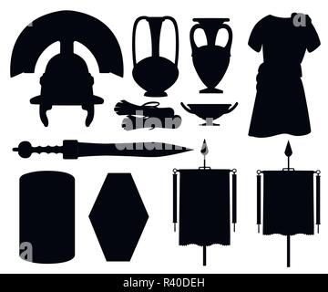 Silhouette noire. Collection d'icônes de la Rome antique. Vêtements, Gladius, scutum, morte et de vaisselle en céramique. Télévision vector illustrator isolé sur whit Illustration de Vecteur