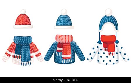 Ensemble de trois tenue d'hiver. Bonnet, écharpe en tricot et pullover avec motif différent. Télévision vector illustration isolé sur fond blanc. Illustration de Vecteur