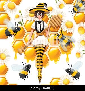 Cheveux brun mignon sorcière miel voler avec les abeilles. Femme tenant le miel balancier, baguette magique. Bee costume rayé style. Télévision vector illustration on white ba Illustration de Vecteur