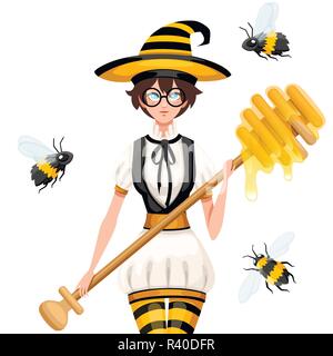 Cheveux brun mignon sorcière miel voler avec les abeilles. Femme tenant le miel balancier, baguette magique. Bee costume rayé style. Vector illustration isolé sur télévision Illustration de Vecteur