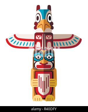 Totem indien de couleur. Symbole de l'objet en bois animal plant famille tribu clan de représentation. Télévision vector illustration isolé sur fond blanc. Illustration de Vecteur