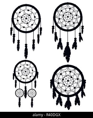 Silhouette noire. Ensemble de quatre Dreamcatcher Native American Indian talisman. Design Tribal. Item magique avec des plumes. Style à la mode télévision talisman. Illustration de Vecteur