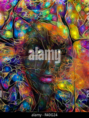 Un art aux couleurs vives d'un dark-skinned woman's face entouré par Bright, psychadelic, longs cheveux. Banque D'Images