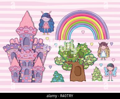 Set créatures fantastiques avec rainbow et château vector illustration Illustration de Vecteur