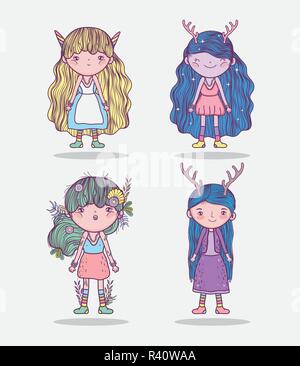 Définir filles mignonnes créatures fantastiques avec hairstyle vector illustration Illustration de Vecteur