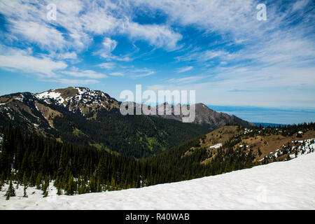 L'État de Washington, USA, Montagnes Olympiques. Le Parc National Olympique. Brins de cumulus sur l'Ouragan Hill et le détroit de Juan de Fuca Banque D'Images