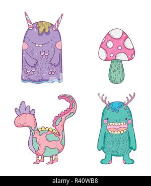 Définir avec les créatures et monstres dragon champignon vector illustration Illustration de Vecteur