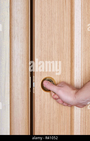 La fermeture de porte de bois close-up. Fermer la porte en bois avec poignée d'or Banque D'Images