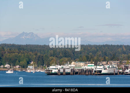 L'État de Washington, USA, Bainbridge Island. Eagle Harbor ferry docks de maintenance. Montagnes Olympiques, les frères peaks dans la distance Banque D'Images