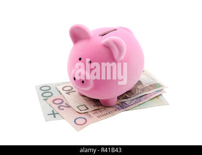 Piggy Bank on polish billets. Chemin de détourage inclus. Banque D'Images