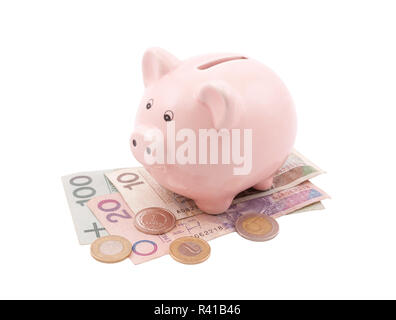 Piggy Bank on polish billets. Chemin de détourage inclus. Banque D'Images