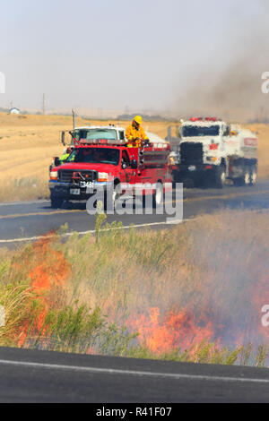 Walla Walla, Washington State, USA. Le personnel de lutte contre l'incendie du comté de travailler d'éteindre un petit feu de brousse. Banque D'Images