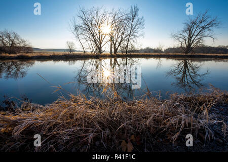 L'État de Washington, USA, Walla Walla Comté. Site Historique National de Whitman Mission Mill Pond, reflète le lever du soleil. Banque D'Images