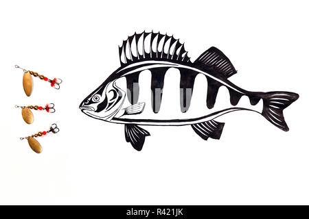 Les appâts de pêche de poissons en métal avec le dessin sur le fond blanc. Banque D'Images