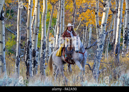 Usa, Wyoming, Shell, la Cachette Ranch, UNE Cowgirl équitation à travers les trembles (MR, PR) Banque D'Images