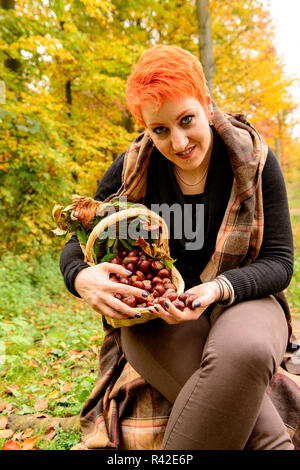 Femme recueille des châtaignes en automne Banque D'Images