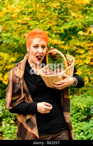 Femme recueille des châtaignes en automne Banque D'Images