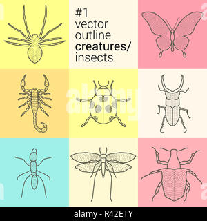 Définir, décrire, contour planimétrique, insectes vecteurs icons collection eps kit créatures Banque D'Images