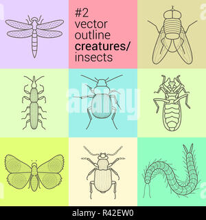 Définir, décrire, contour planimétrique, insectes vecteurs icons collection eps kit créatures Banque D'Images