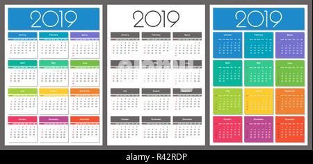 L'année 2019 du calendrier. Haut en couleur. Modèle vectoriel simple Illustration de Vecteur